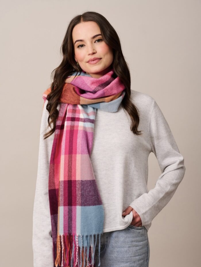 Tiger Tree Check Scarf, Pink & Blue