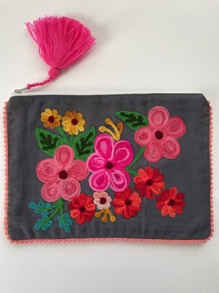 Embroidered Indian Pouch, Fuchsia & Charcoal