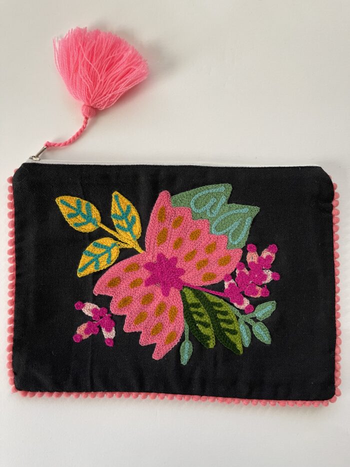 Embroidered Indian Pouch, Midnight & Flamingo Pink